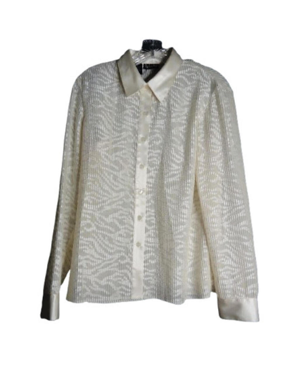 Rafaella Long Sleeve Semi Sheer Jacquard Button Down Blouse Size 10 Winter White